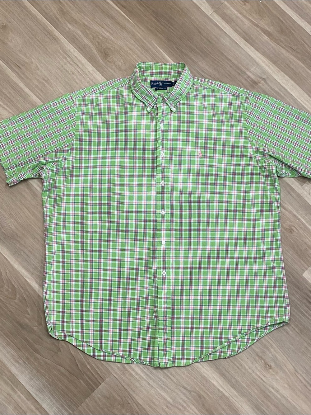 Ralph Lauren Green Plaid Short-Sleeve Button-Down Shirt with Pink Accents